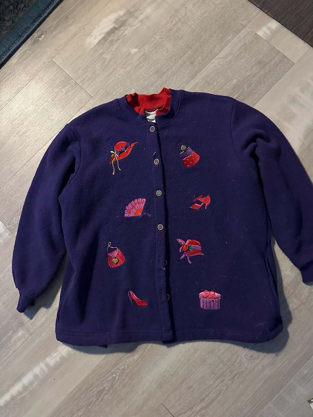 Vintage BonWorth Red Hat Society Style Embroidered Button-Down Sweatshirt